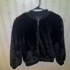 Women's medium black fuzzy fluffy faux fur bomber jacket